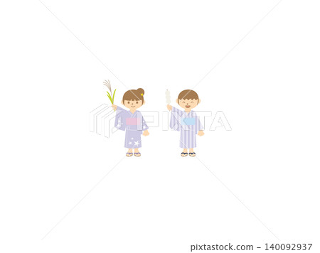 A boy and girl enjoying moon viewing, wearing yukata, pampas grass, and moon-viewing dumplings. A boy and girl enjoying moon viewing, wearing yukata, pampas grass, and moon-viewing dumplings. 140092937