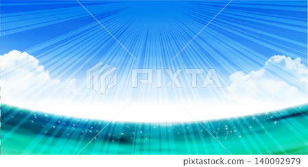 Background material featuring a blue sky bathed in sunlight and a sparkling emerald green sea. 140092979