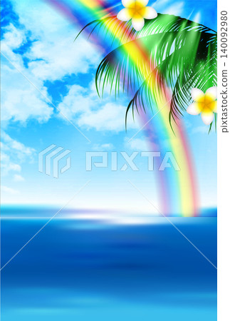 熱帶背景,藍色的海洋上點綴著彩虹和棕櫚葉。 熱帶背景,藍色的海洋上點綴著彩虹和棕櫚葉。 140092980