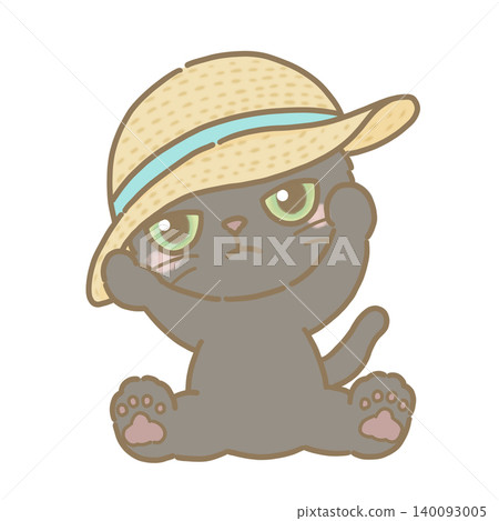 An illustration of a black cat wearing a straw hat; a summer-themed illustration. An illustration of a black cat wearing a straw hat; a summer-themed illustration. 140093005