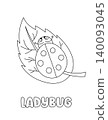 Letter L. Ladybug on leaf. Learning ABC coloring page for kids. Black and white hand drawn vector illustration for children. Cute outline drawing and text for coloring. Preschool, kindergarten 140093045