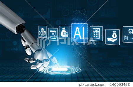 Robotic Hand Using Stylus on Touchscreen with AI Icons for Financial and Tax Solutions in Futuristic Digital Environment. Bitwise Robotic Hand Using Stylus on Touchscreen with AI Icons for Financial and Tax Solutions in Futuristic Digital Environment. Bitwise 140093458
