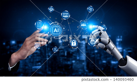 Hand of Human and Robot in Synchronization Representing the Intersection of Technology, Artificial Intelligence and Future Innovations. Bitwise 140093460