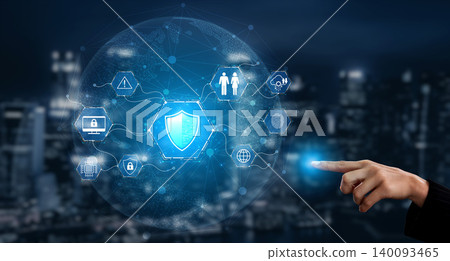 Futuristic Digital Security Concept with Hand Pointing at Protection Symbols in a Cityscape Background. Bitwise Futuristic Digital Security Concept with Hand Pointing at Protection Symbols in a Cityscape Background. Bitwise 140093465