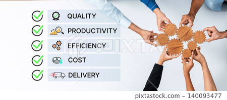 Hands Collaborating on Business Metrics with Checkmarks Highlighting Quality, Productivity, Efficiency, Cost, and Delivery in a Team Environment. Bitwise 140093477