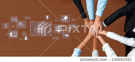 Collaborative Teamwork and Artificial Intelligence Concept on a Brown Desk with Hands Meeting and Digital Icons Illustrating Technology and Innovation. Bitwise 140093481