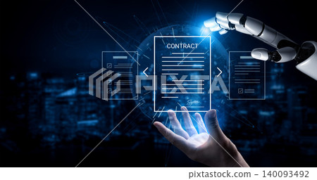 Futuristic Robotic Hand Interacting with Digital Contract Documents in a High-Tech Business Environment Cyphers. 140093492