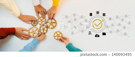 Collaborative Hands Engaging with Cogs and Data Flow Visuals in a Creative Workspace Setup for Business Innovation and Teamwork Concepts Cyphers. Collaborative Hands Engaging with Cogs and Data Flow Visuals in a Creative Workspace Setup for Business Innovation and Teamwork Concepts Cyphers. 140093495