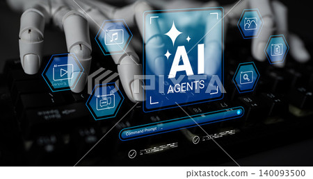 Futuristic Robot Hands Typing on Keyboard with AI Agents and Digital Icons Representing Technology and Innovation Cyphers. Futuristic Robot Hands Typing on Keyboard with AI Agents and Digital Icons Representing Technology and Innovation Cyphers. 140093500