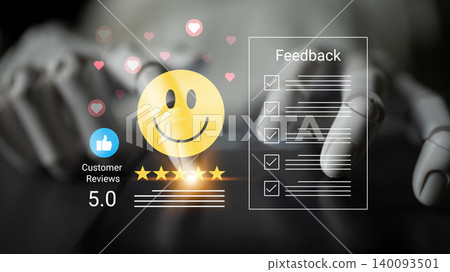 Robotic Hand Providing Customer Feedback with Smiley Face and Rating Stars for Reviews and Satisfaction in Digital Environment Cyphers. Robotic Hand Providing Customer Feedback with Smiley Face and Rating Stars for Reviews and Satisfaction in Digital Environment Cyphers. 140093501