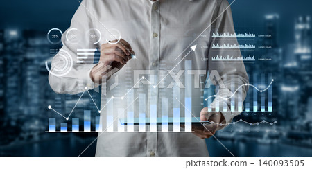 Business Professional Analyzing Graphs and Charts on Digital Screen in Modern Office Environment with Cityscape Background at Night. Bitwise Business Professional Analyzing Graphs and Charts on Digital Screen in Modern Office Environment with Cityscape Background at Night. Bitwise 140093505