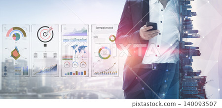 Business Professional Analyzing Financial Data on Smartphone with Graphs and Charts Displayed in Modern Office Environment. Bitwise 140093507