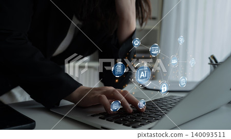 Business Professional Using Laptop with AI Technology and Digital Icons Representing Innovation and Connectivity in Modern Workspace. Bitwise Business Professional Using Laptop with AI Technology and Digital Icons Representing Innovation and Connectivity in Modern Workspace. Bitwise 140093511