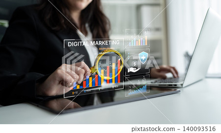 Business Professional Analyzing Digital Marketing Trends with Data Visualization and Magnifying Glass on Tablet Screen in Modern Office Environment. Bitwise 140093516