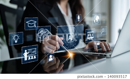 Business Professional Using Laptop with Digital Icons Representing Artificial Intelligence and Technology Concepts in Modern Office Setting. Bitwise 140093517