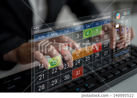 Modern Digital Calendar Interface with Interactive Features and Business Analytics Displayed on Screen for Office Productivity Enhancement. Bitwise Modern Digital Calendar Interface with Interactive Features and Business Analytics Displayed on Screen for Office Productivity Enhancement. Bitwise 140093522