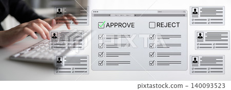 Digital Screen Interface for Approving or Rejecting Applications with Checkboxes and User Profiles on a Modern Keyboard Background. Bitwise 140093523