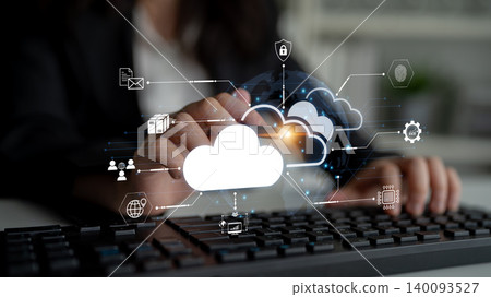 Modern Technology Concept with Cloud Computing and Digital Interface Overlaid on a Businessman Typing on a Keyboard in an Office Setting. Bitwise Modern Technology Concept with Cloud Computing and Digital Interface Overlaid on a Businessman Typing on a Keyboard in an Office Setting. Bitwise 140093527
