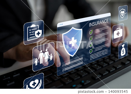 Man working on computer with health insurance application and medical icons representing wellness, care, patient information, and financial management in a digital environment. Bitwise Man working on computer with health insurance application and medical icons representing wellness, care, patient information, and financial management in a digital environment. Bitwise 140093545