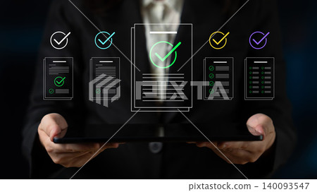 Business Professional Holding Tablet with Digital Documents and Check Marks Illustrating Document Verification and Approval Process Cyphers. 140093547