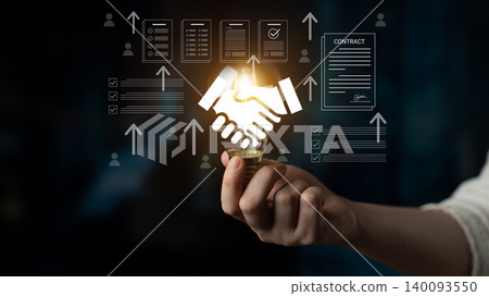 Handshake Symbolizing Partnership and Agreement with Graphic Elements of Contracts and Growth Indicators in a Digital Environment Cyphers. 140093550
