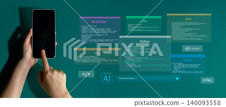 Hands Holding a Smartphone with Programming Languages Displayed on a Digital Background for Technology and Coding Themes Cyphers. Hands Holding a Smartphone with Programming Languages Displayed on a Digital Background for Technology and Coding Themes Cyphers. 140093558