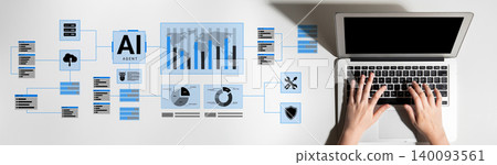 Hands on Laptop with AI Visualizations and Data Flow Illustrations on White Desk for Technology and Business Concepts Cyphers. 140093561