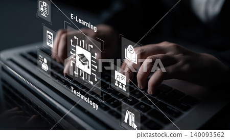 Hands Typing on Laptop with E-Learning Icons and Technology Concept in Background for Digital Education and Online Learning Platforms Cyphers. 140093562
