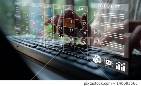Hands Typing on Keyboard with Digital Calendar and To Do List for Enhanced Productivity and Organization in a Modern Work Environment Cyphers. 140093563