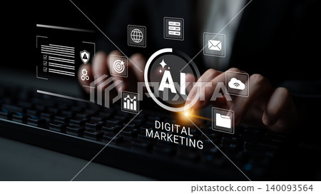 Hands Typing on Keyboard with AI Digital Marketing Icons, Graphs, and Global Network Elements in a Modern Office Setting Cyphers. Hands Typing on Keyboard with AI Digital Marketing Icons, Graphs, and Global Network Elements in a Modern Office Setting Cyphers. 140093564