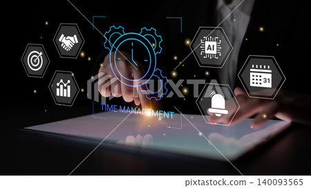 Hands Engaging with Touch Screen to Showcase Time Management Concepts Featuring Artificial Intelligence and Performance Metrics Cyphers. 140093565