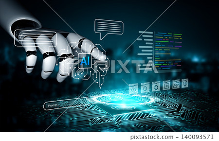 Futuristic Robotic Hand Interacting with AI Technologies in a Digital Environment with Code and Data Elements Cyphers. 140093571