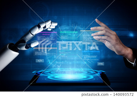 Futuristic Interaction Between Human Hand and Robotic Hand with Programming Codes on Virtual Display for Technology and Innovation Concepts Cyphers. 140093572