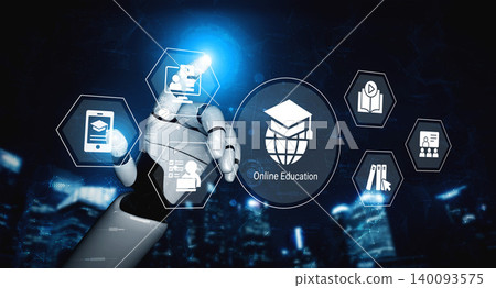 Futuristic Robot Hand Interacting with Online Education Icons on Virtual Interface against Dark Tech Background Cyphers. 140093575