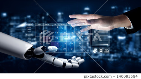 Futuristic Collaboration Between Human Hand and Robotic Arm with Digital Calendar Interface for Project Management and Task Coordination Cyphers. Futuristic Collaboration Between Human Hand and Robotic Arm with Digital Calendar Interface for Project Management and Task Coordination Cyphers. 140093584