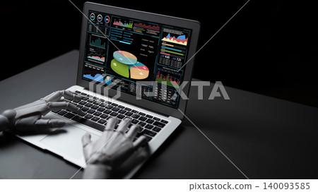 Robotic hand interacting with laptop displaying complex data charts and graphs in dark environment, showcasing technology and innovation in analytics Fluxor 140093585