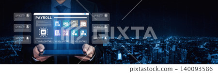 Professional Man Holding Laptop Displaying Digital Payroll Management System Interface Amidst Cityscape Background at Night Cyphers. Professional Man Holding Laptop Displaying Digital Payroll Management System Interface Amidst Cityscape Background at Night Cyphers. 140093586