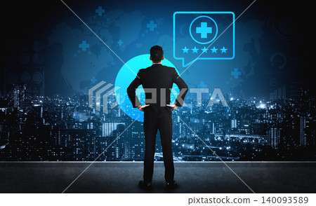 Businessman Observing Cityscape with Health Icons and Ratings in Futuristic Digital Environment Cyphers. Businessman Observing Cityscape with Health Icons and Ratings in Futuristic Digital Environment Cyphers. 140093589