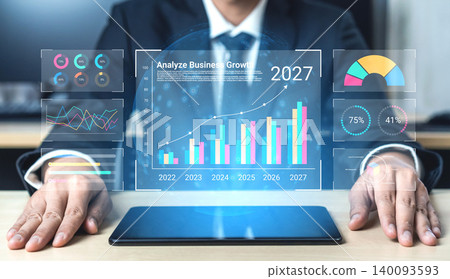 Business Professional Analyzing Growth Trends with Digital Graphs and Charts for Strategic Planning in Modern Office Environment Cyphers. 140093593