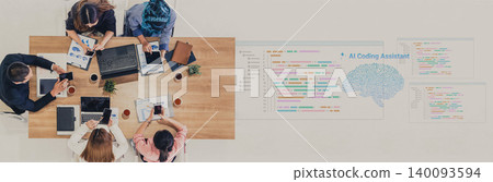 Diverse Group of People Collaborating on Computer Programming Projects with Coding Assistant AI Technology in Modern Workspace Cyphers. 140093594