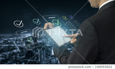 Business Professional Using Digital Tablet for Document Management and Cloud Technology on Abstract Urban Background with Graphic Elements Cyphers. Business Professional Using Digital Tablet for Document Management and Cloud Technology on Abstract Urban Background with Graphic Elements Cyphers. 140093602
