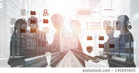 Business professionals collaborating on digital solutions in a modern urban setting with futuristic graphic elements representing technology and communication Cyphers. Business professionals collaborating on digital solutions in a modern urban setting with futuristic graphic elements representing technology and communication Cyphers. 140093605