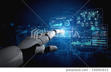 Futuristic Robot Hand Interacting with Digital Data and Analytics on a Virtual Display in a High-Tech Business Environment Fluxor 140093633