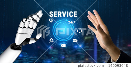 Futuristic Interaction Between Human Hand and Robotic Hand with Service Icons and Digital Elements in Background Fluxor Futuristic Interaction Between Human Hand and Robotic Hand with Service Icons and Digital Elements in Background Fluxor 140093648