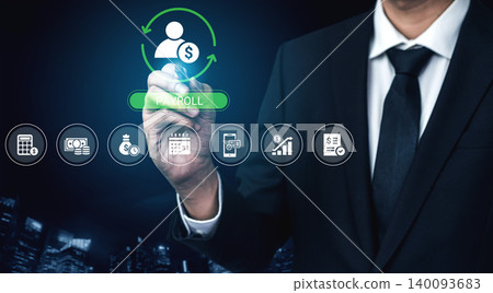 Business Professional Selecting Payroll Options with Digital Interface Symbols and City Skyline in Background Cyphers. Business Professional Selecting Payroll Options with Digital Interface Symbols and City Skyline in Background Cyphers. 140093683
