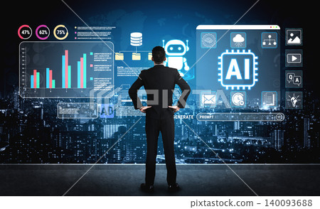Business Professional Analyzing Artificial Intelligence Data on Digital Interface Against City Skyline at Night Fluxor Business Professional Analyzing Artificial Intelligence Data on Digital Interface Against City Skyline at Night Fluxor 140093688