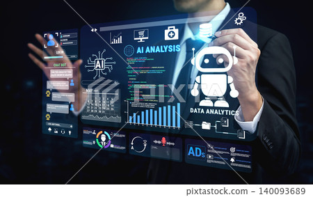 Businessman Interacting with Futuristic Data Analytics Interface Featuring Artificial Intelligence Tools and Graphical Data Visualization Elements Fluxor Businessman Interacting with Futuristic Data Analytics Interface Featuring Artificial Intelligence Tools and Graphical Data Visualization Elements Fluxor 140093689