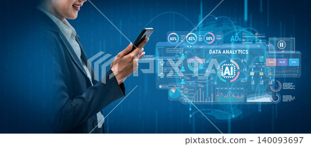 Modern Business Professional Engaging with Data Analytics Using Smartphone and Advanced Technology Visuals on Digital Interface Background Fluxor 140093697