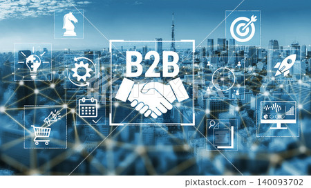 Modern Business to Business Concept with Digital Elements Representing Collaboration, Strategy, and Technology Over a City Skyline Background Fluxor 140093702