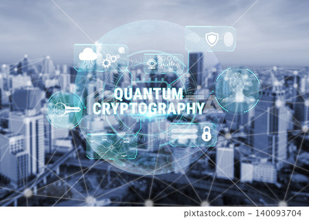 Futuristic Concept of Quantum Cryptography with Digital Icons and Urban Skyline in Background Representing Advanced Technology and Security Systems Fluxor Futuristic Concept of Quantum Cryptography with Digital Icons and Urban Skyline in Background Representing Advanced Technology and Security Systems Fluxor 140093704